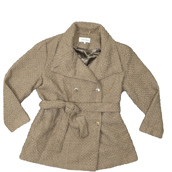 Calvin Klein Women's Plus Size 0X Pea Coat Jacket Brown Acrylic Belted Button - Picture 1 of 8